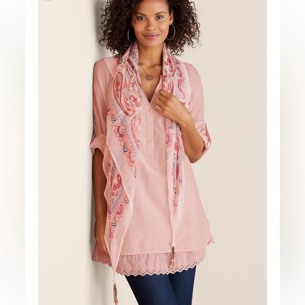 Soft Surroundings Silk Teresa tunic top Blush Pink Eyelet Edge Medium Petite EUC